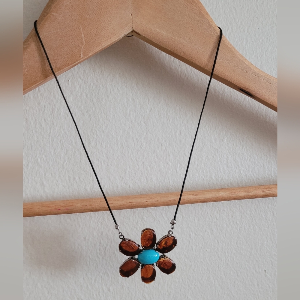 Vintage Bonnie J Amber and Turquoise  Colored Short Flower Necklace